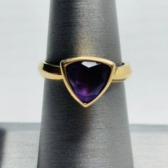 ⛔️SOLD⛔️Signed 14K FP Trillion-Cut Amethyst Triangle Ring Size 7 - Picture 2 of 10